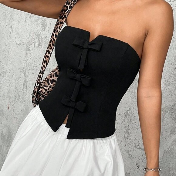 Tops - Black Casual Women's Knitted Solid Color Strapless Top With Bow Decor